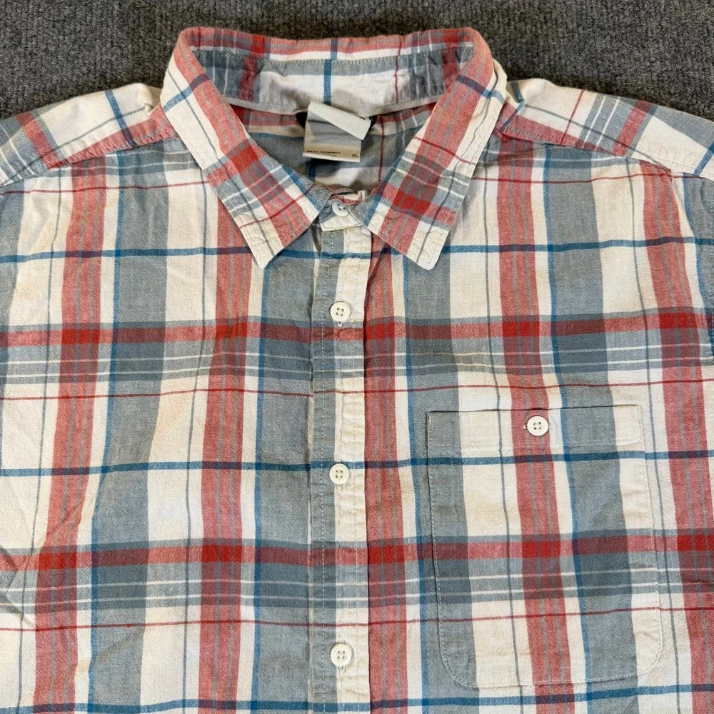 The North Face Mens XL Red Blue Plaid Short Sleeve Hemp Cotton Shirt NF0A5J9Z